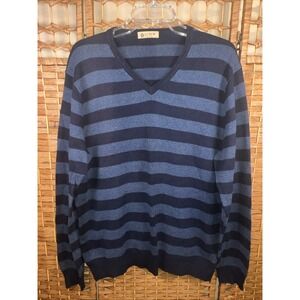 J.Crew Mens Merino Wool V Neck Sweater Striped Blue Large Long Sleeve